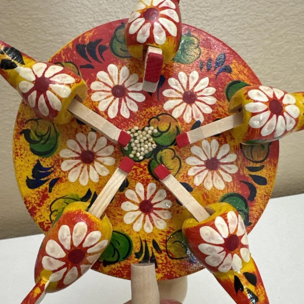 Vtg Wooden Russian Folk Art Pecking Chickens Moveable Toy Hand Carved